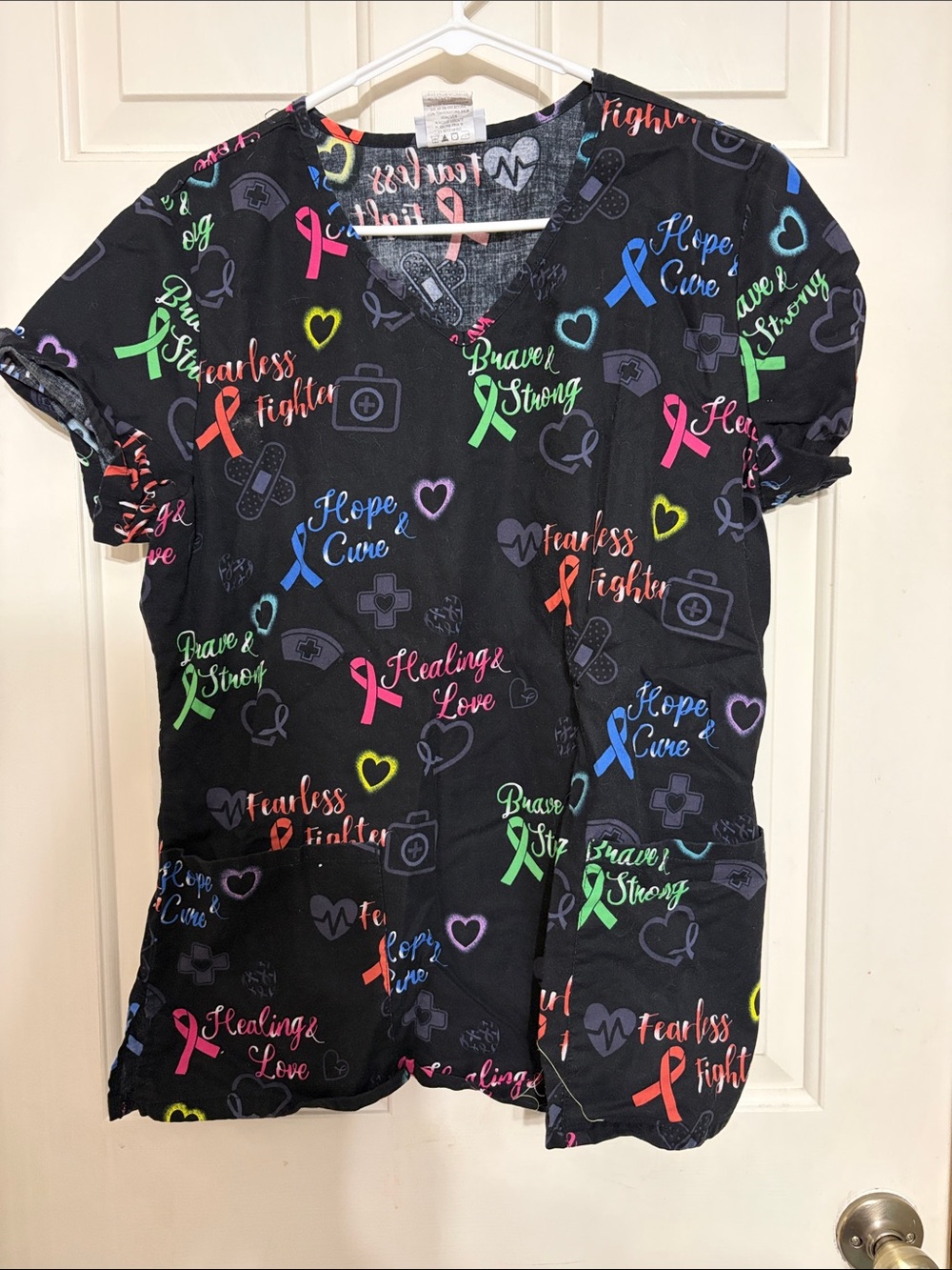 Scrubstar Black Medical Scrub Top with Multicolor Awareness Ribbons